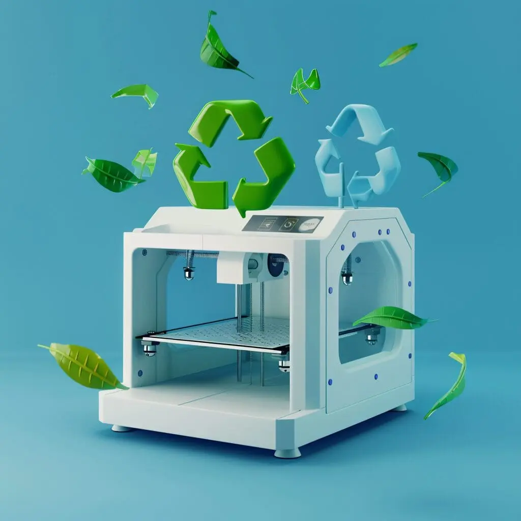 3d printer with recycling icon floating over it