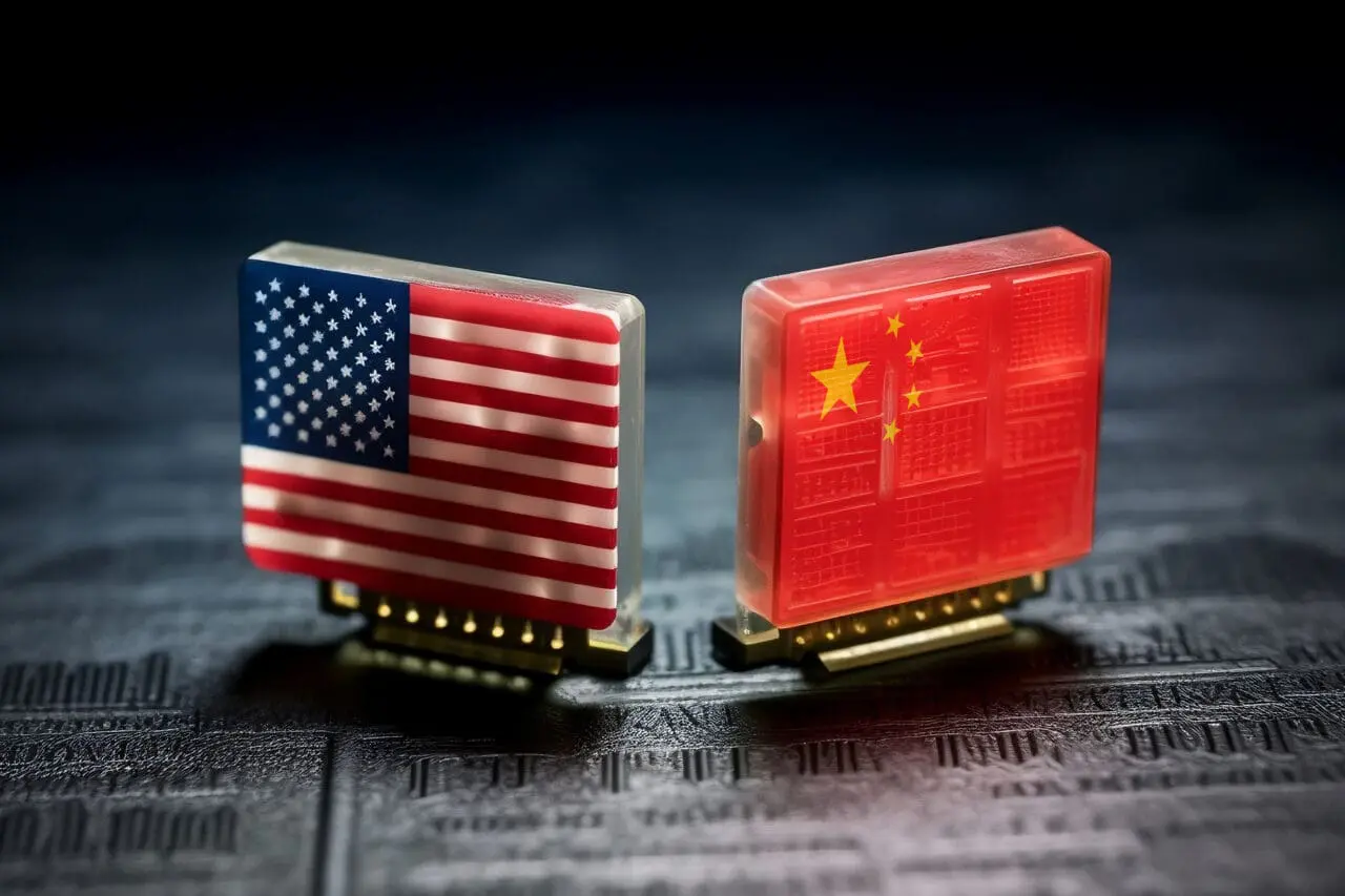 US vs China trade war over technology and microchips concept. Generative AI.