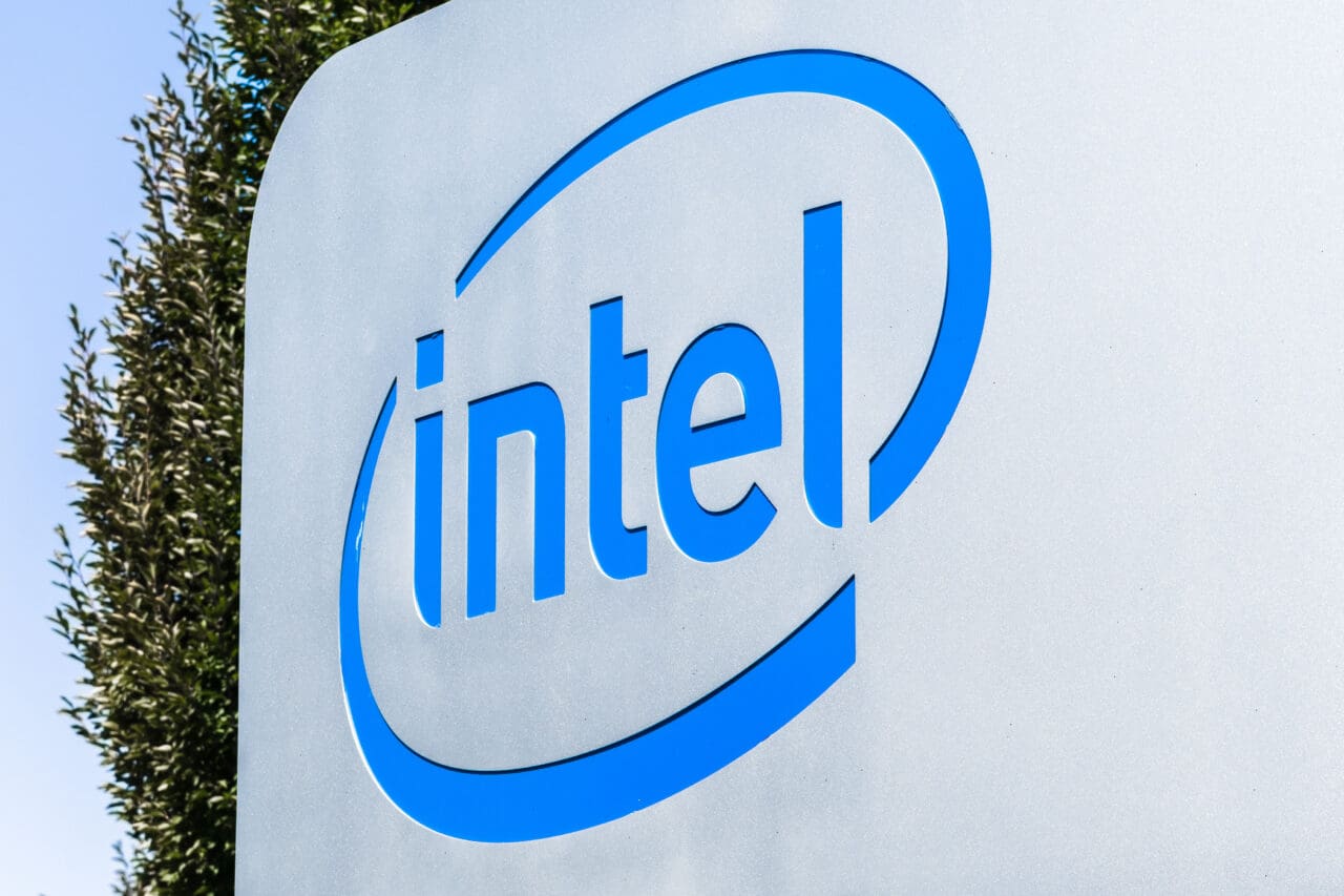 Close up of Intel sign at their San Jose campus in Silicon Valley; Intel Corporation is an American multinational corporation and technology company