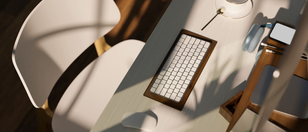 Modern minimal office computer desk with white chair. Close-up.