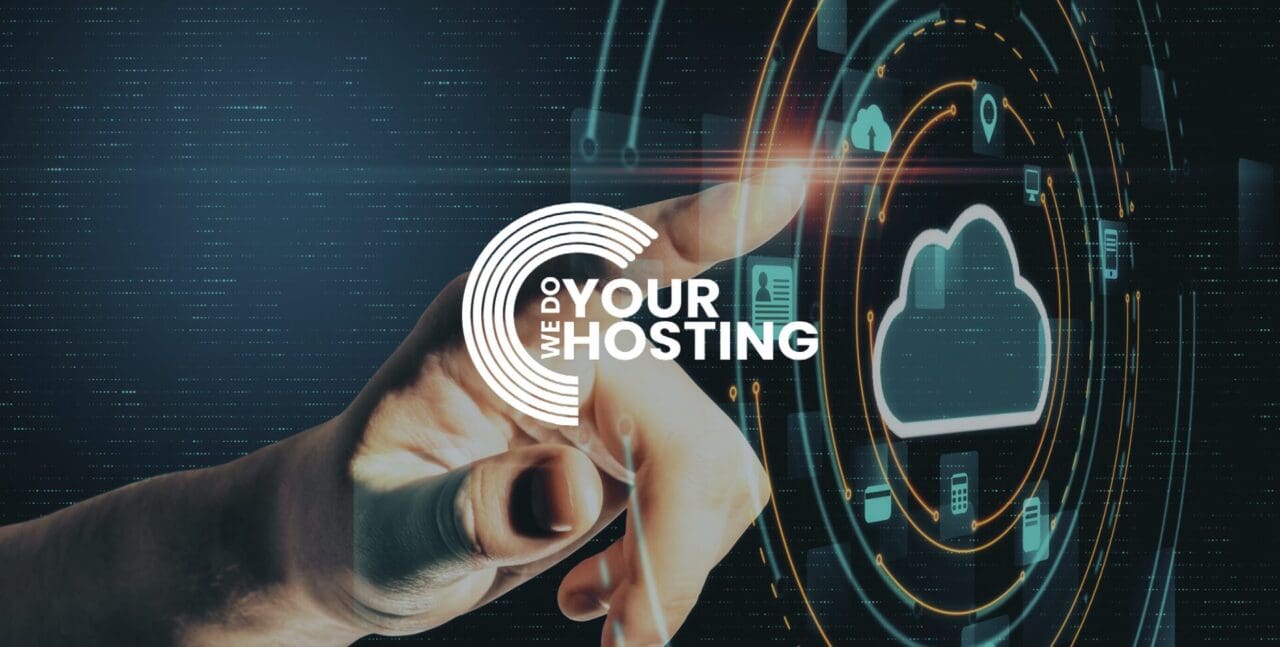 WeDoYourHosting white logo on background of digital 'Cloud' logo with finger pointing at it
