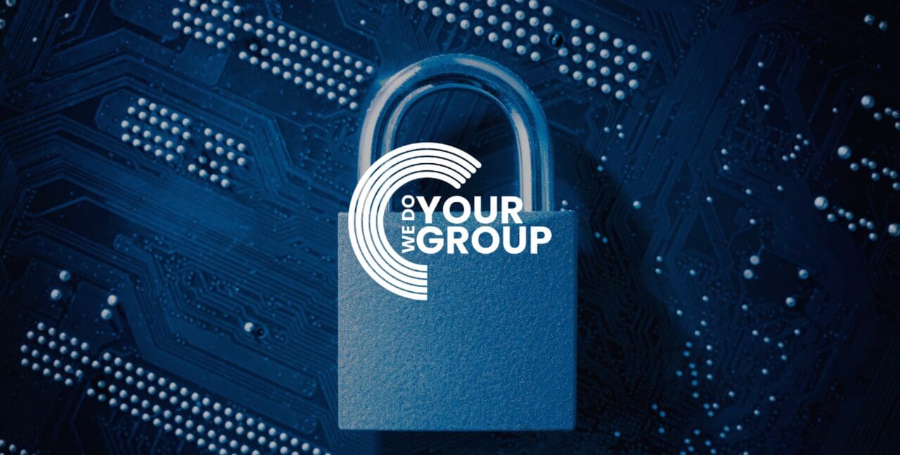 WeDoYourGroup white logo on background of lock placed on a motherboard