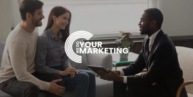 WeDoYourMarketing white logo on background of young couple sat on sofa with business man sat opposite them with iPad in hand