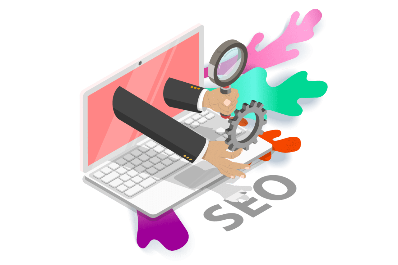 Cartoon image of laptop with hands and gear coming out of the screen - Represents SEO