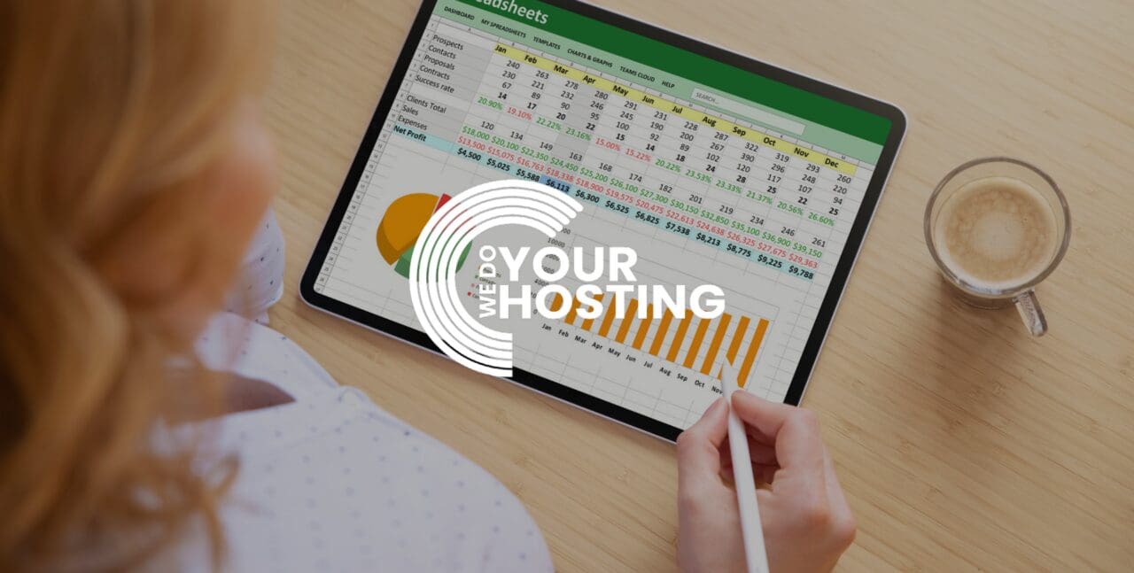WeDoYourHosting white logo on background of woman sat at desk, with iPad. She is using an iPad pen to use Microsoft excel