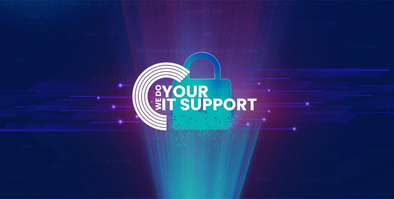 WeDoYourITSupport white logo on background of blue lock in a purple background