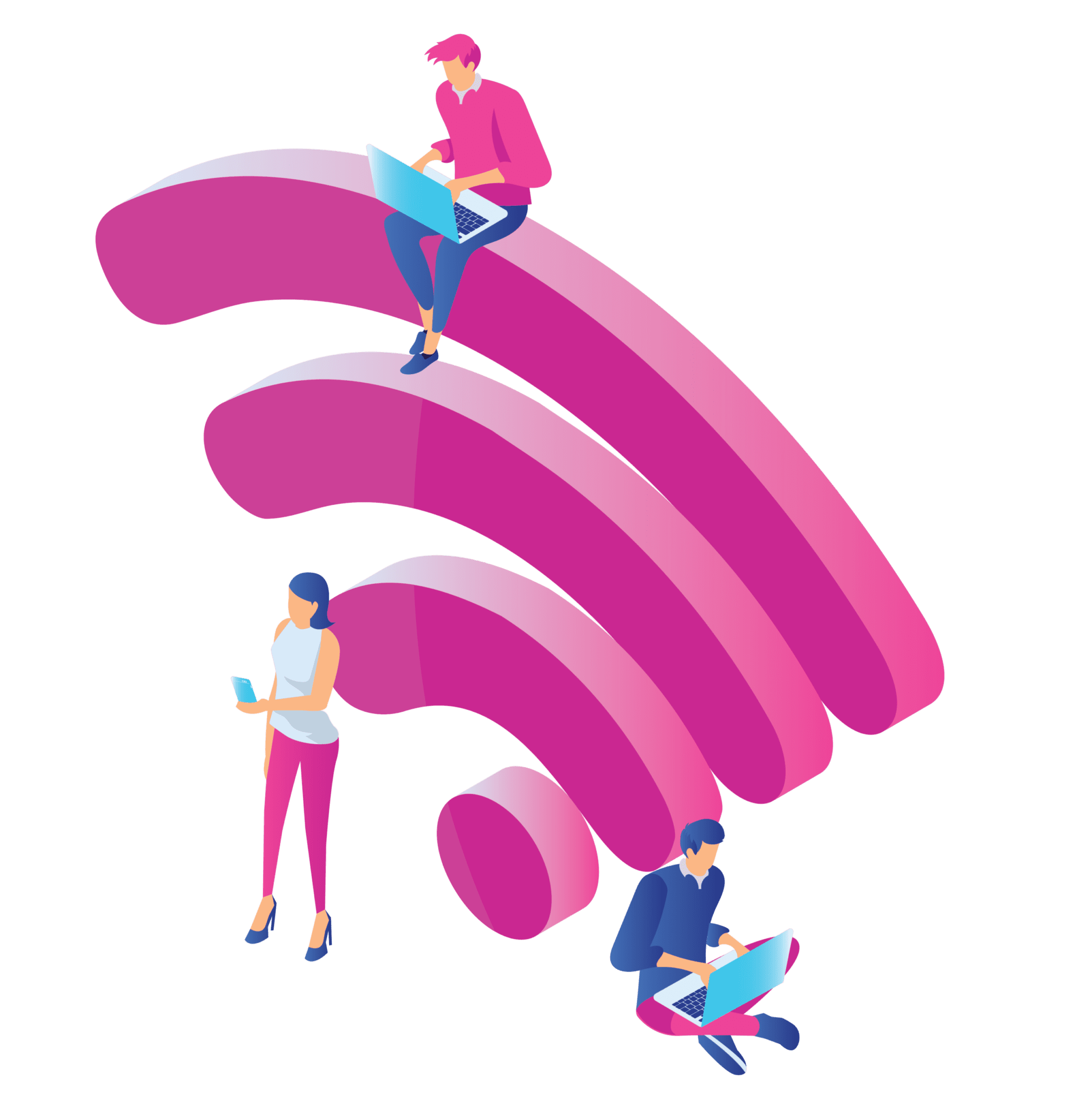 Cartoon image of large wifi symbol with three people sat on or around it, whilst on laptops and phones