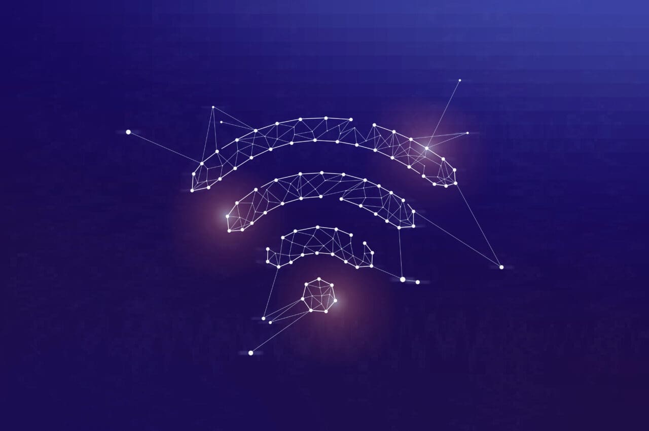 Creative wifi icon made of network connections over blue background