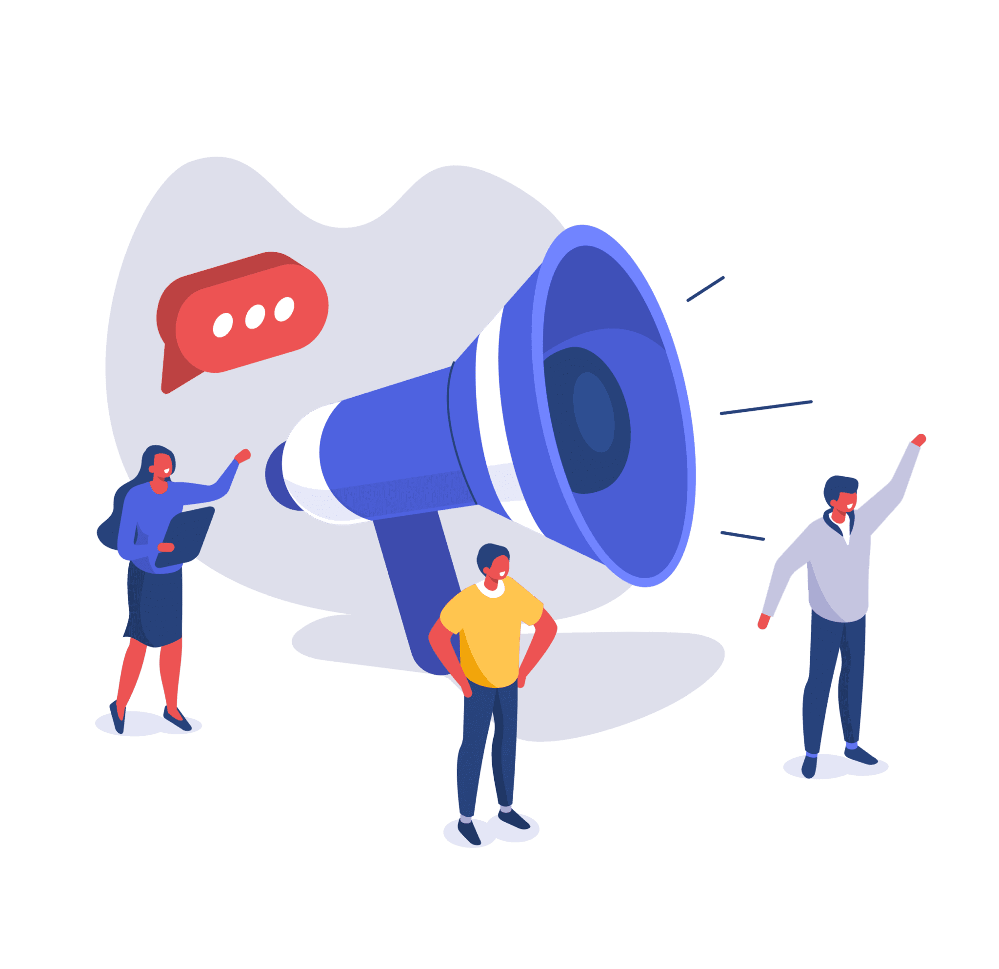 Cartoon image of large megaphone with people stood around it smiling