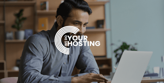 WeDoYourHosting white logo on background of man smiling, using his Mac laptop