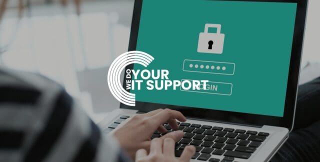 WeDoYourITSupport white logo on background of woman typing on Mac laptop with secure login on screen