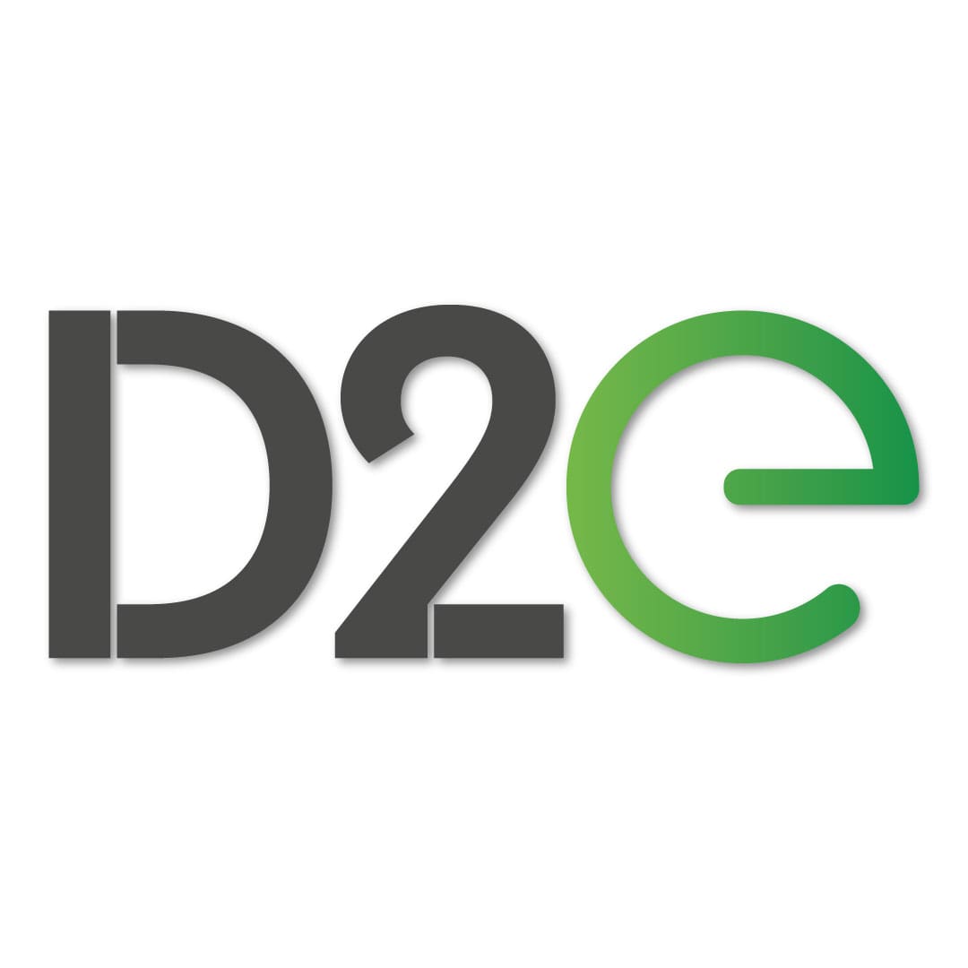 Large D2e logo on white background