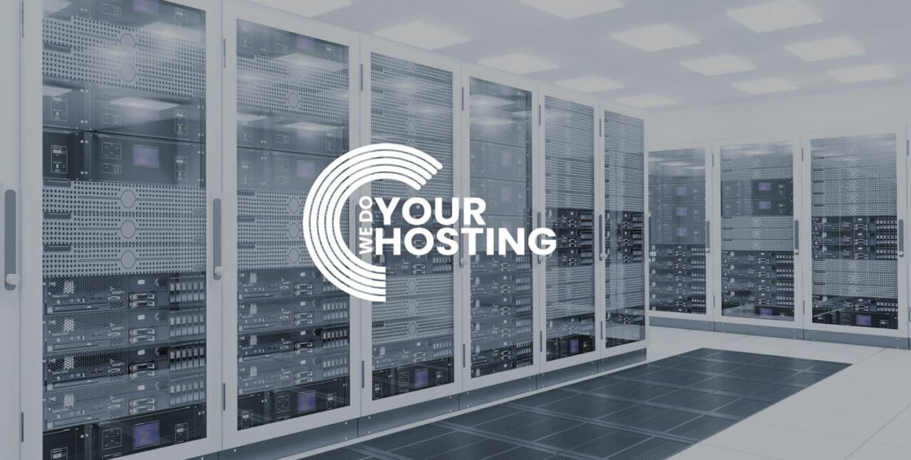 WeDoYourHosting white logo on background of server and database room