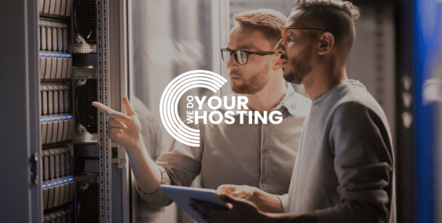 WeDoYourHosting white logo on background of two men looking at data servers