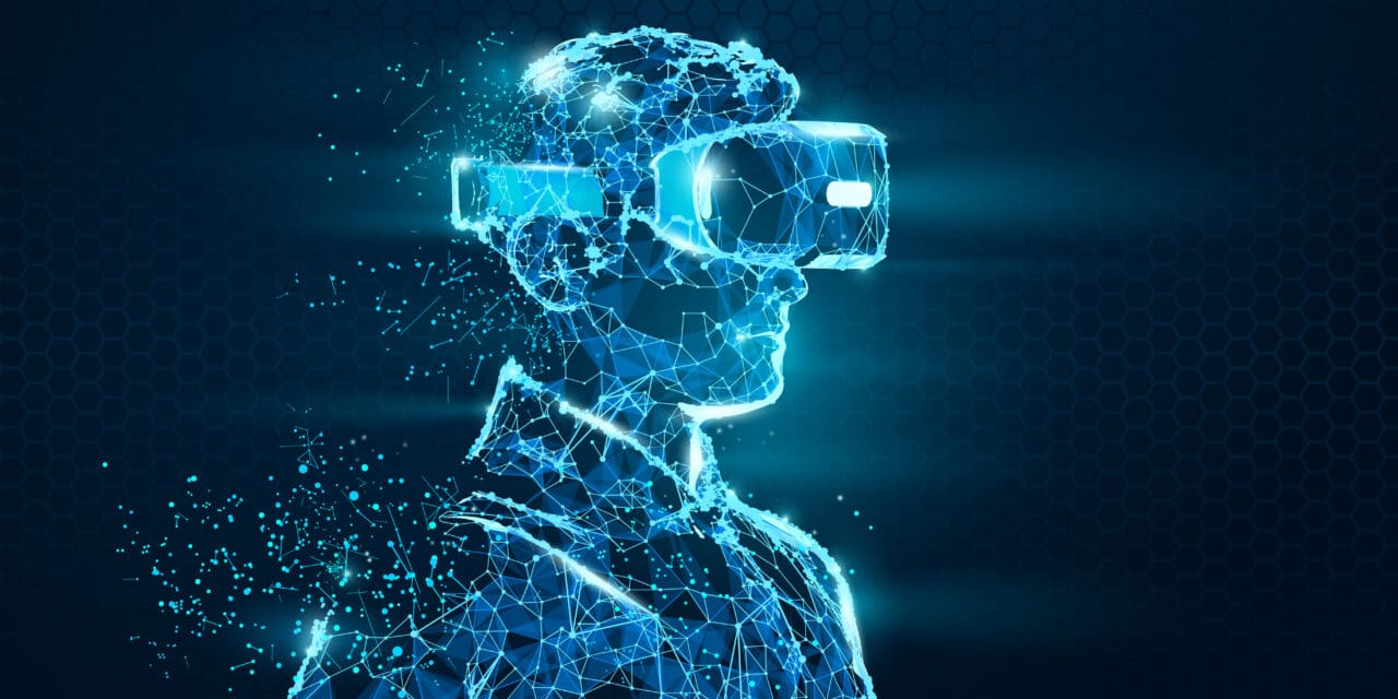 VPolygonal man wearing virtual reality glasses, helmet. VR games playing. Particles, dots, lines, triangles on blue background