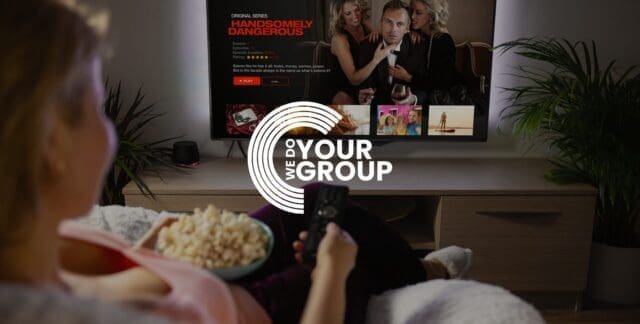 WeDoYourGroup white logo on background with lady sat on sofa pointing remote at television. Netflix streaming application on television screen