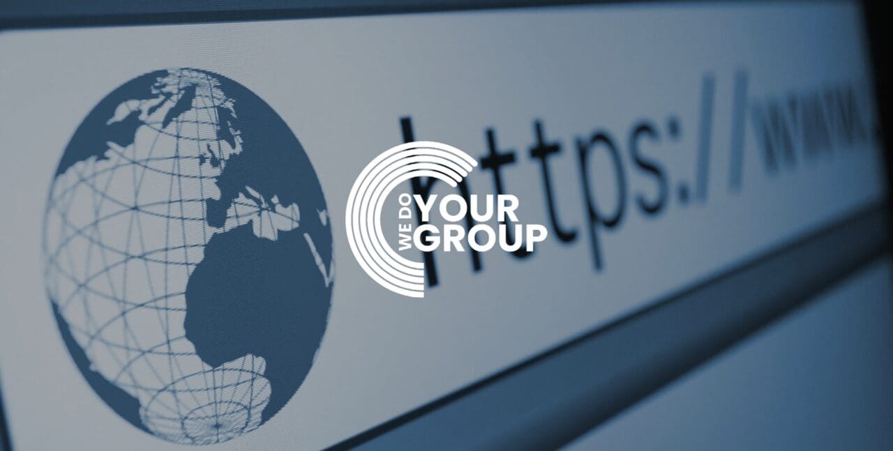 WeDoYourGroup white logo on background with internet search bar, www.
