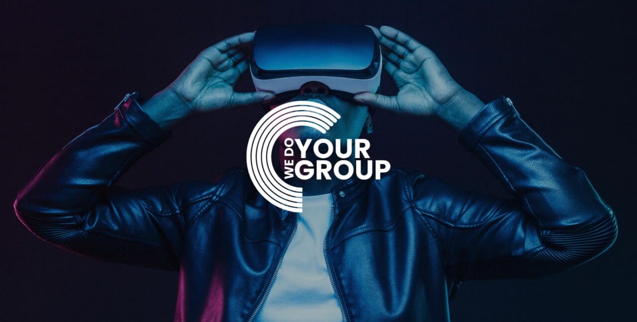 WeDoYourGroup white logo with background with man wearing VR glasses