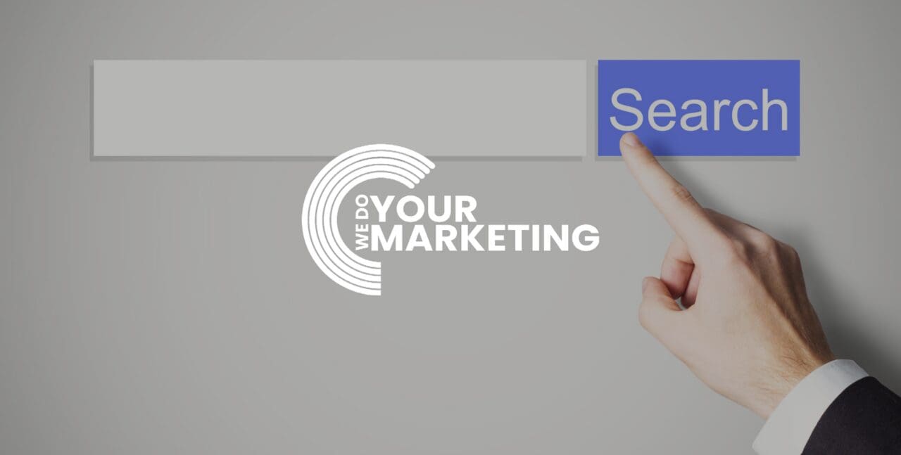 WeDoYourMarketing white logo on background with man pointing at internet search bar