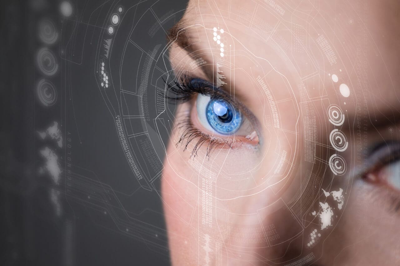 Iris recognition concept Smart contact lens. Mixed media.