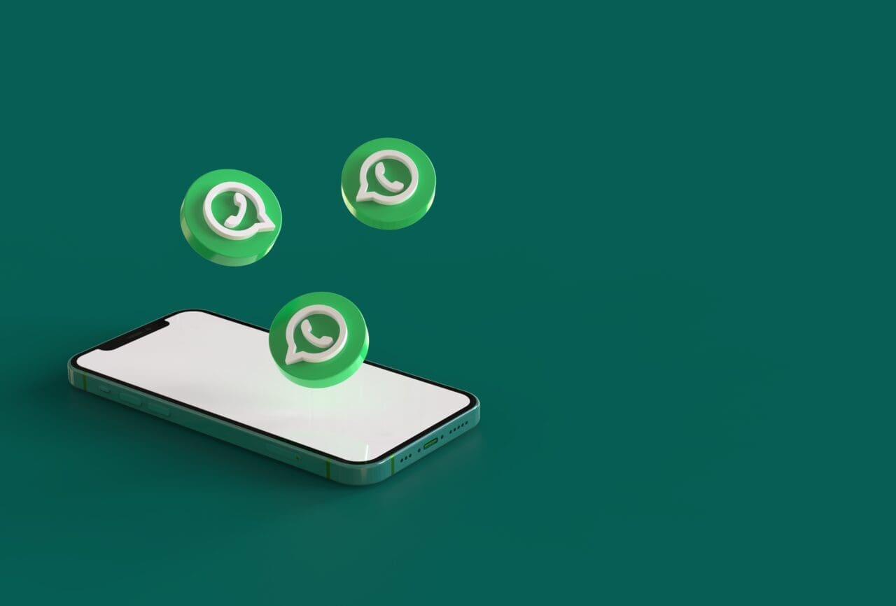 Smartphone mockup with whatsapp icons in realistic 3D rendering.