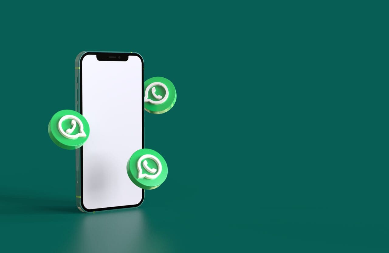 Smartphone mockup with whatsapp icons in realistic 3D rendering.