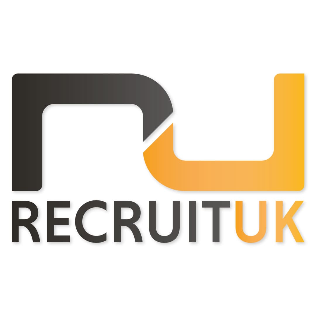 Recruit UK Rebranding different logo on white background with orange and black colouring