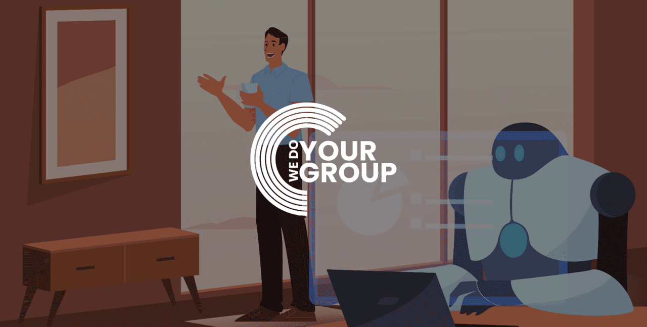 WeDoYourGroup white logo on background of cartoon man and robot - Robot sat at laptop