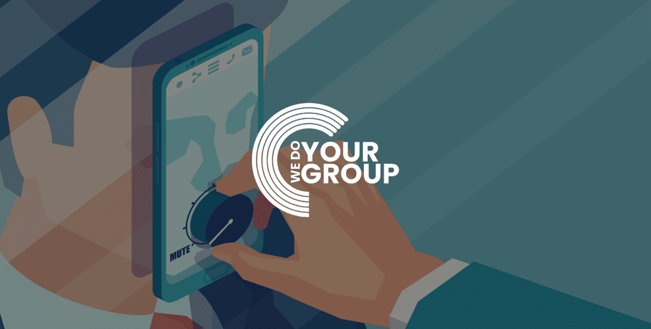 WeDoYourGroup white logo on background of cartoon man turning a dial on a phone