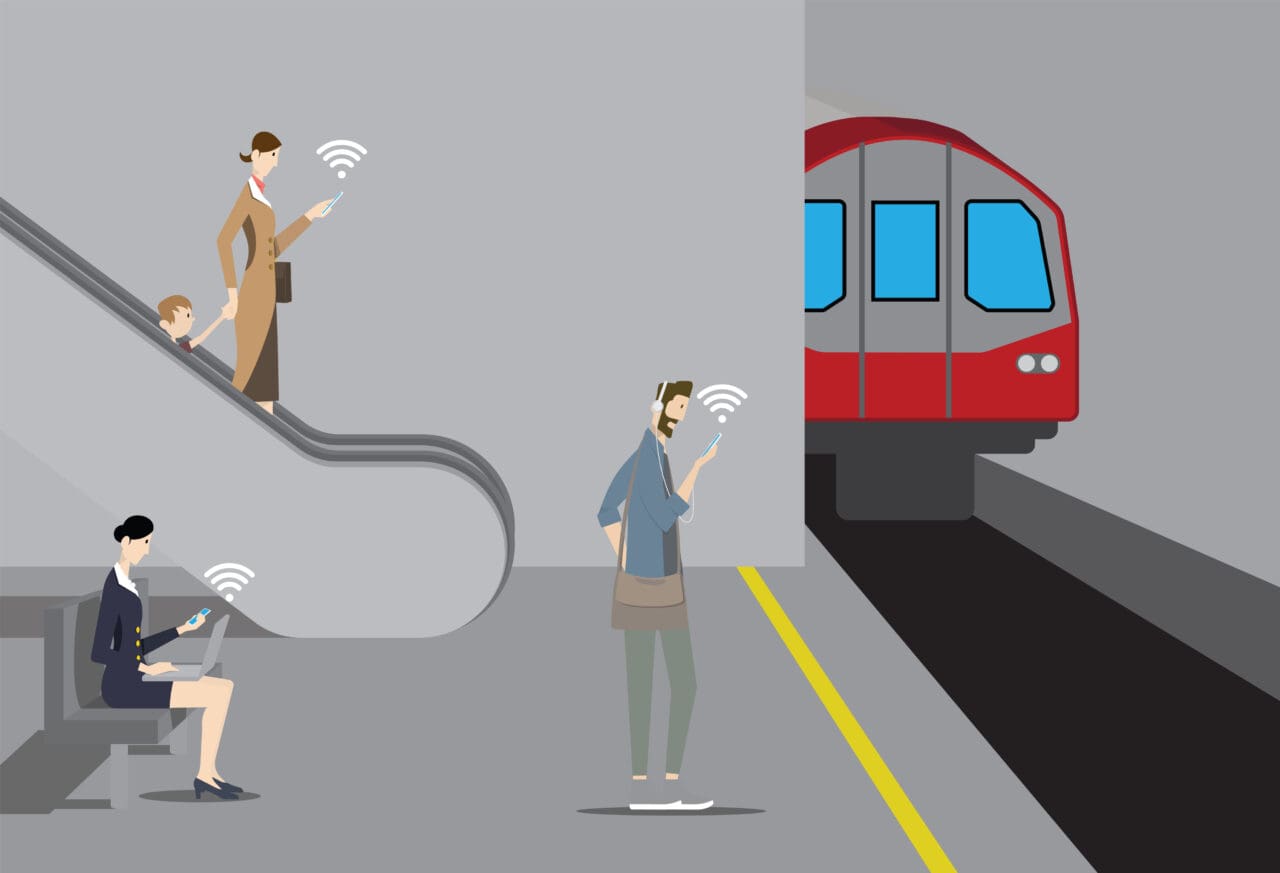 Cartoon image of Public Free Wifi Concept. Passengers use their mobile devices on subway platform