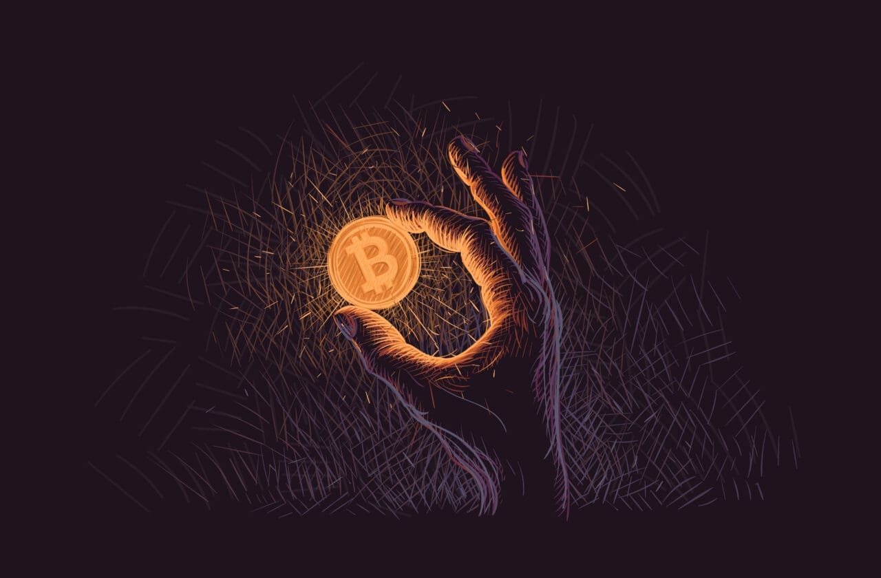 Glowing Bitcoin coin in hand illustration. Vector.