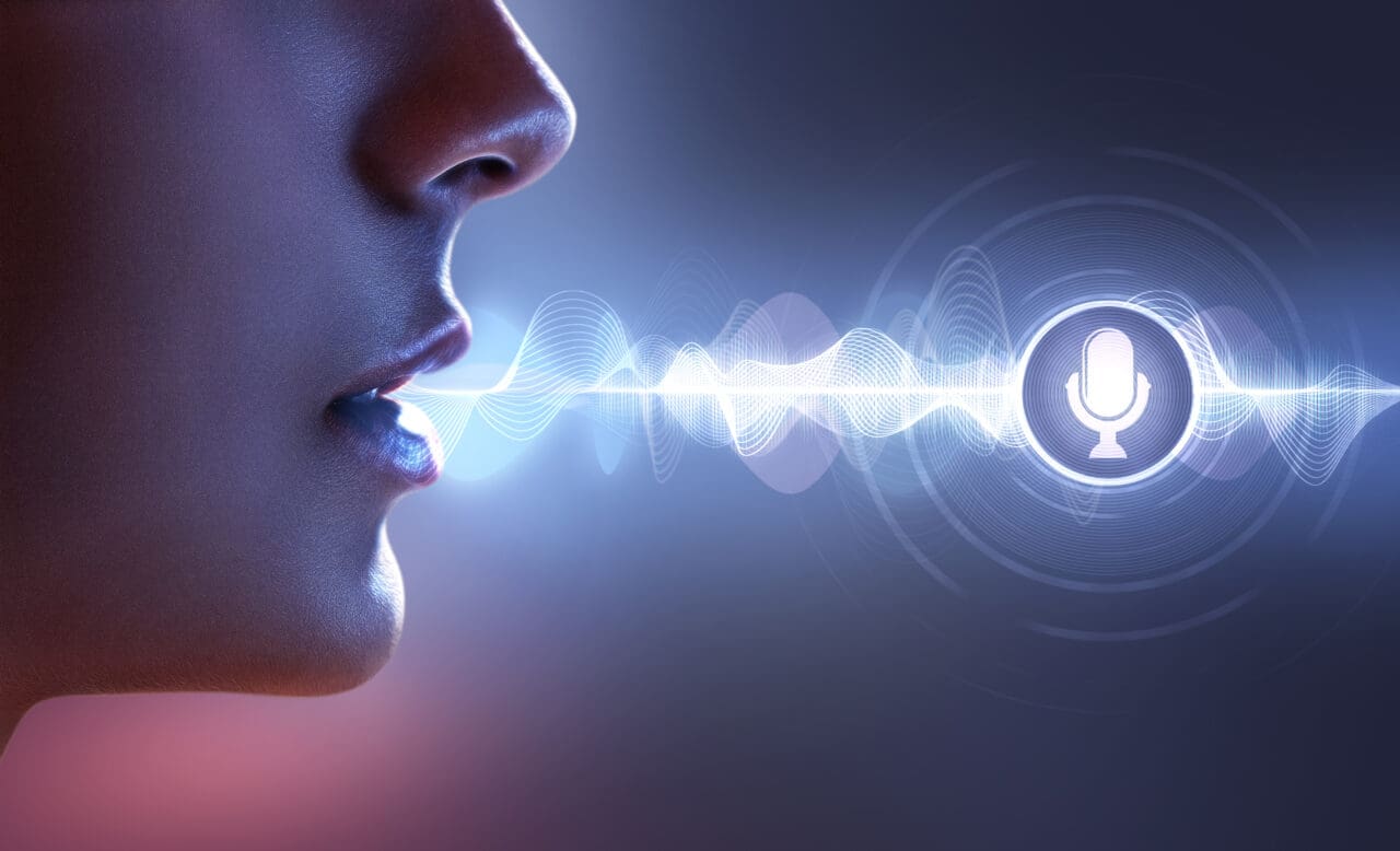 Image of side profile of ladies face with mouth open - Voice assistant logo next to her