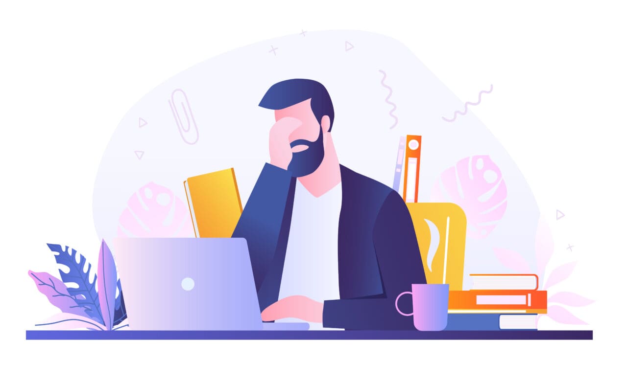 Caucasian bearded man working on laptop in office. Eye strain and vision fatigue from reading and laptop screen. Flat cartoon vector illustration