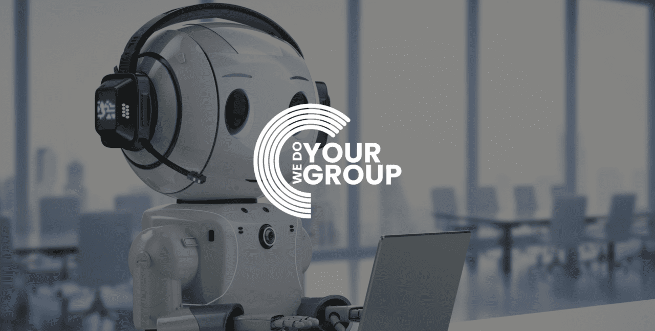 WeDoYourGroup white logo on background of robot with headset on sat on a laptop