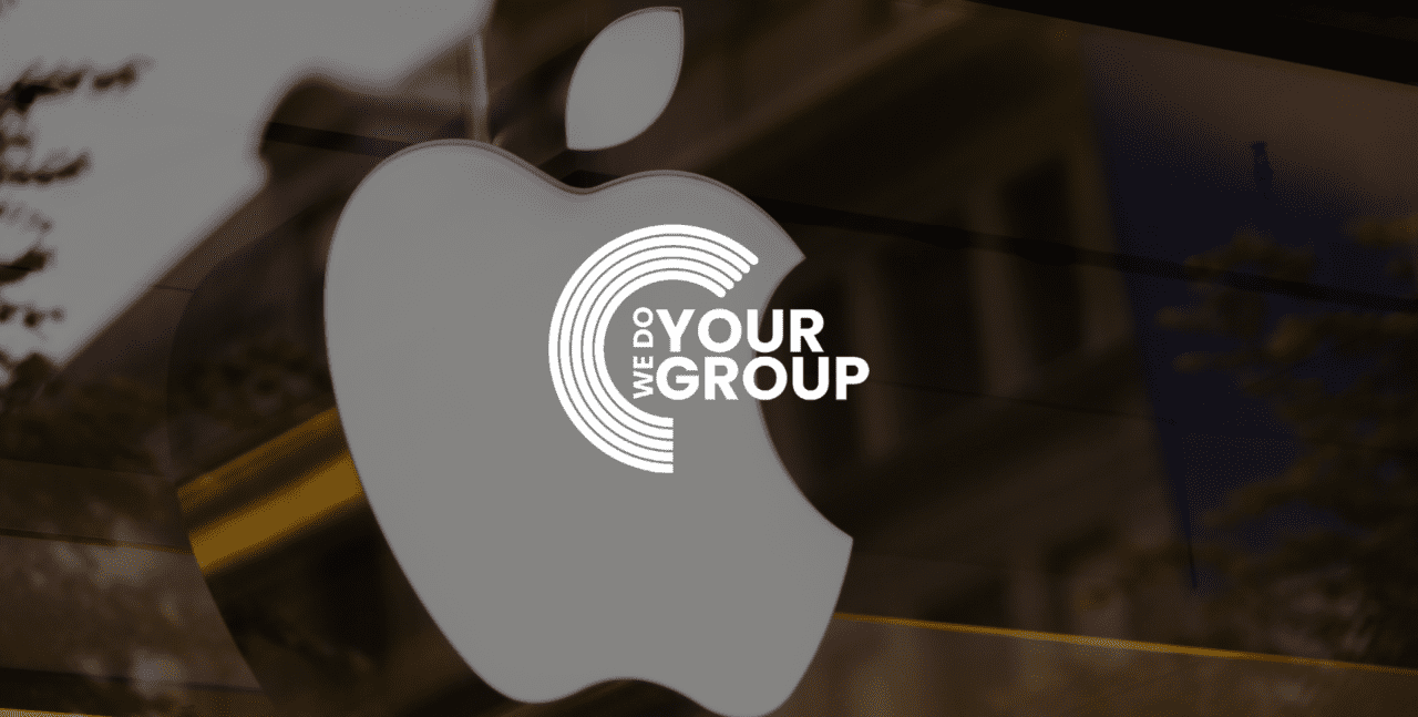 WeDoYourGroup white logo on background of Apple logo