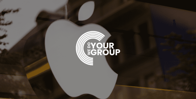 WeDoYourGroup white logo on background of Apple logo