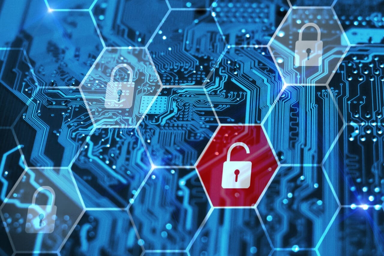 Internet piracy and cybersecurity concept. Integrated circuit and virtual digital padlocks.