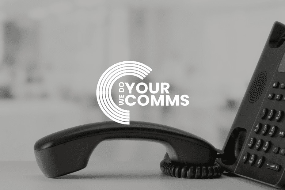 WeDoYourComms white logo on background of telephone handset