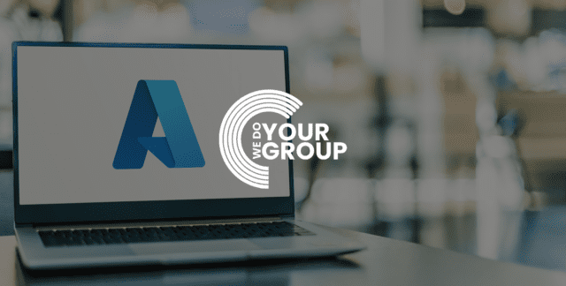 WeDoYourGroup white logo on background of laptop, with Microsoft Azure logo on the screen