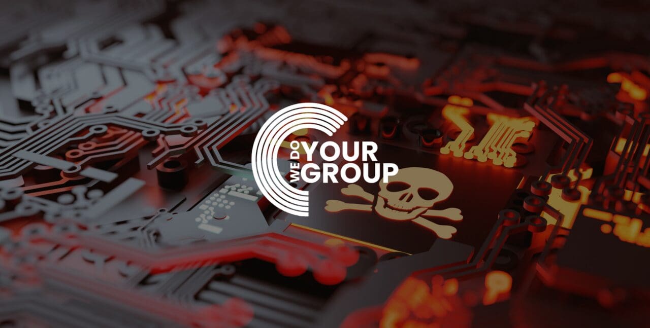 WeDoYourGroup white logo on background of motherboard with cross skull on it