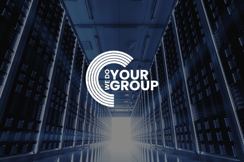 WeDoYourGroup white logo on background of data servers