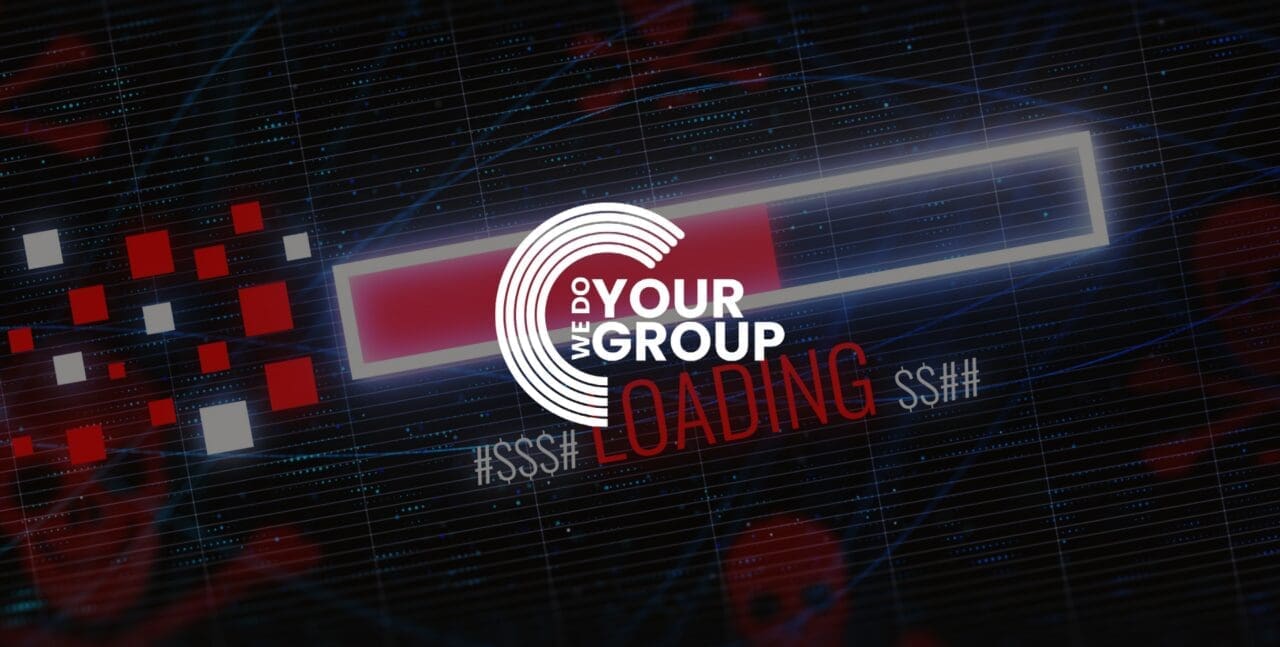 WeDoYourGroup white logo on background of loading symbol on laptop screen