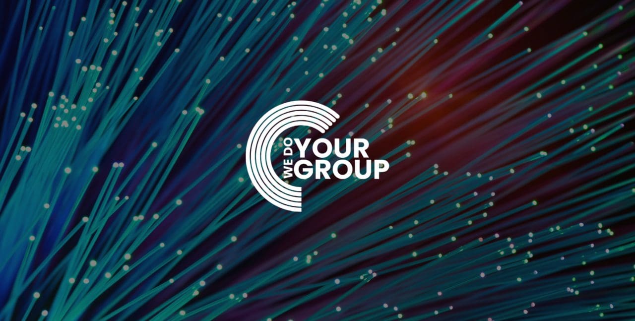 WeDoYourGroup white logo on background with small lights