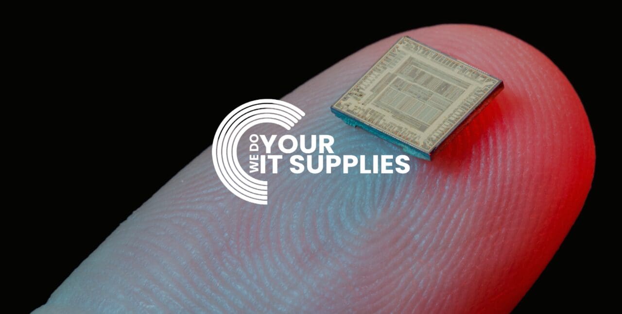 WeDoYourITSupplies white logo on background of close up of a fingertip with a microchip on it