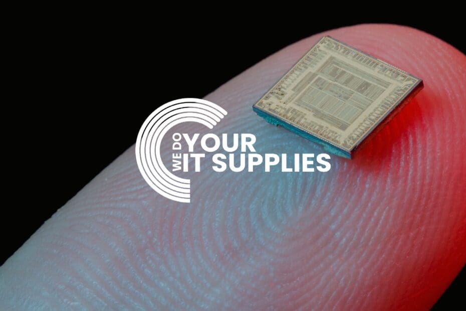 WeDoYourITSupplies white logo on background of close up of a fingertip with a microchip on it