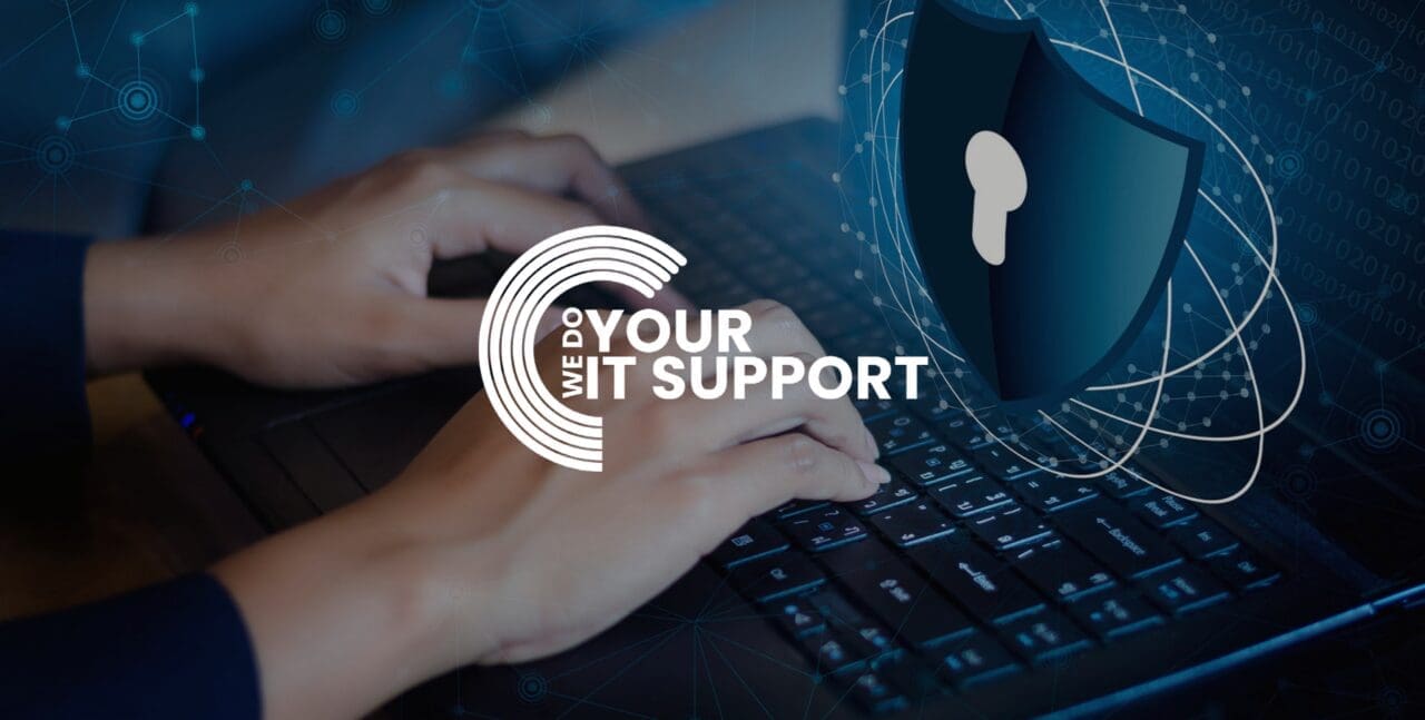 WeDoYourITSupport white logo on background of person typing on keyboard with digital lock on screen