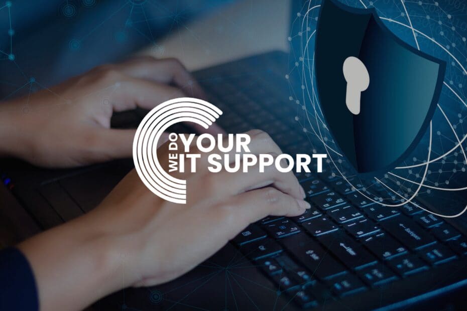WeDoYourITSupport white logo on background of person typing on keyboard with digital lock on screen