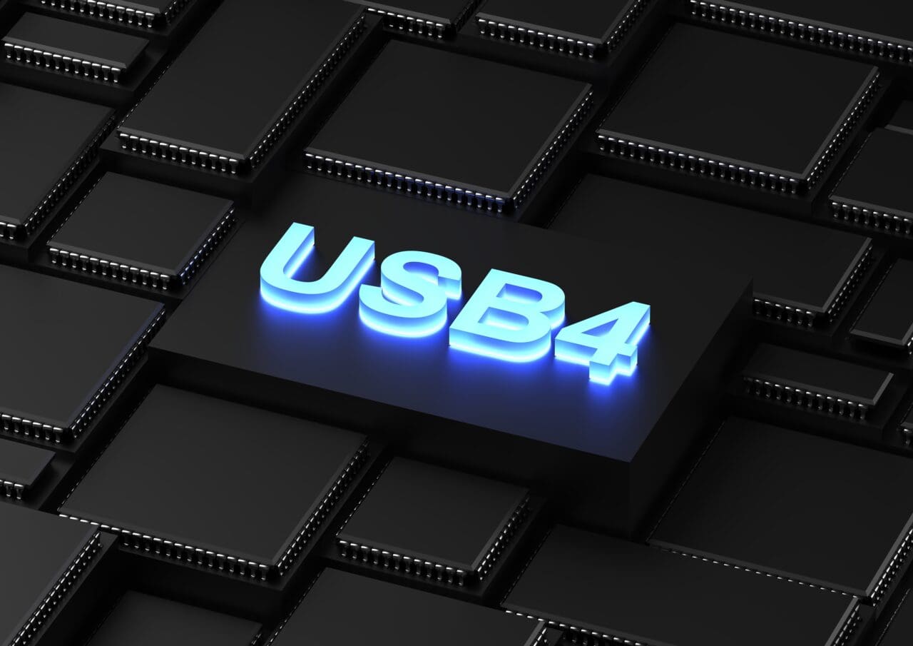 USB4 in blue font on black platform