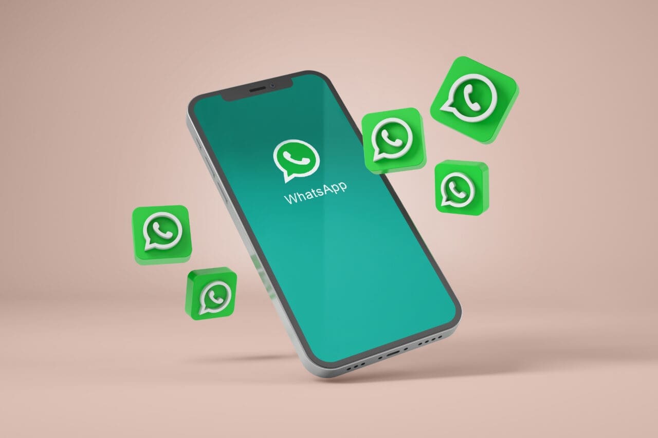 Smartphone with whatsapp icons on and surround the screen. 3d rendering