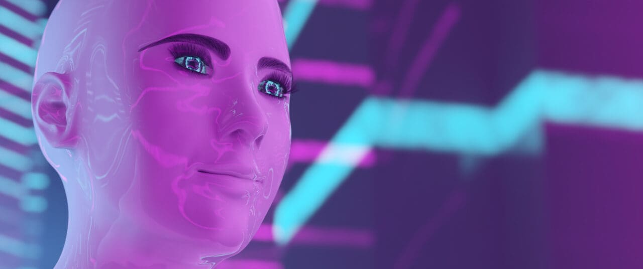 Pink Cyborg female with light blue eye - right profile illuminated by Magenta and cyan neon lights.